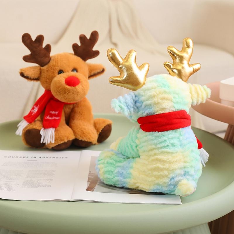 Lovely Happy Christmas Elk Plush Toys Cuddy Fluffy Sitting Elk Doll Wearing Scarf  Home Party Decor Sweet Gift To Kids Friends