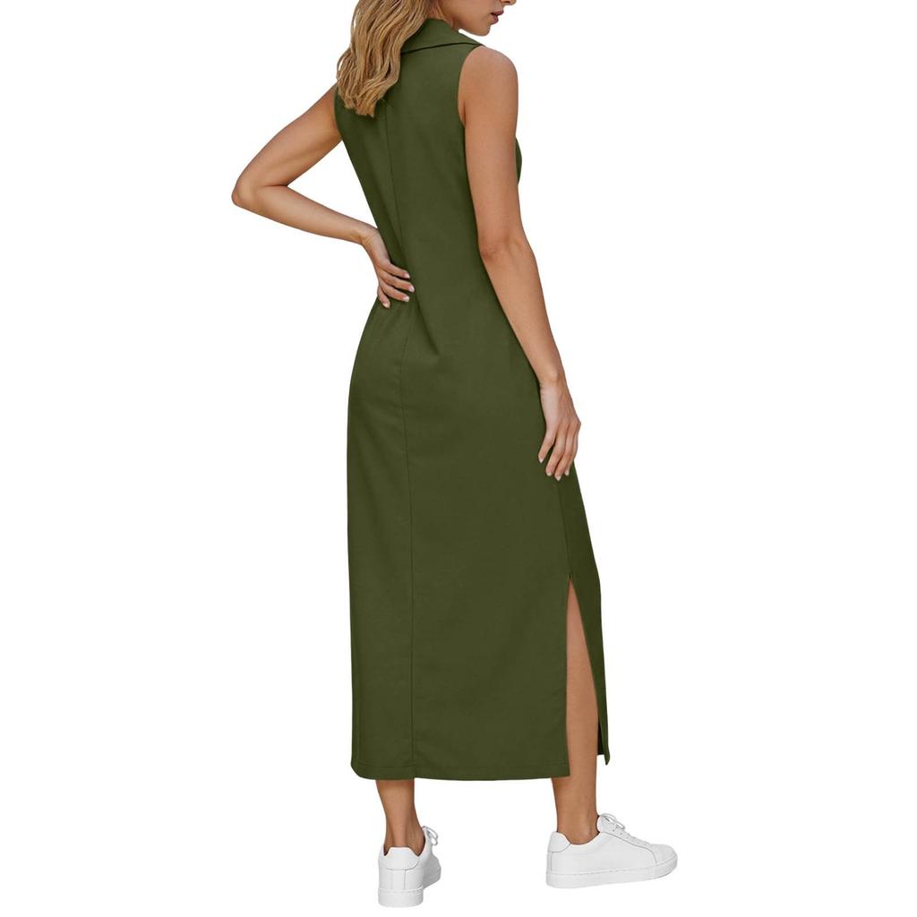 Sleeveless Polo Collar Maxi Dress with Side Slit and Pockets for Women Casual Loose Fit Long Dress