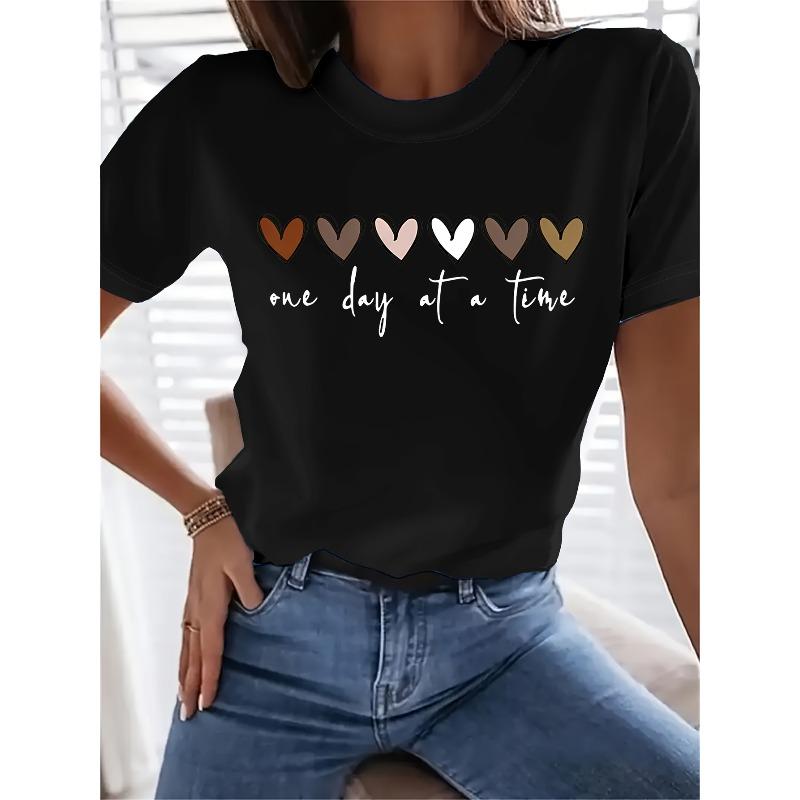European Sizes Simple Hearts Graphic Print T-shirt, Short Sleeve Crew Neck Casual Top for Summer & Spring, Women's Clothing