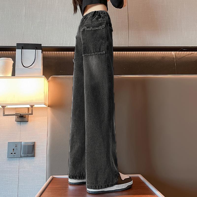 Girls' Fashionable Ripped Jeans for Summer and Fall; Children's Lightweight Straight-Leg Wide-Leg Pants