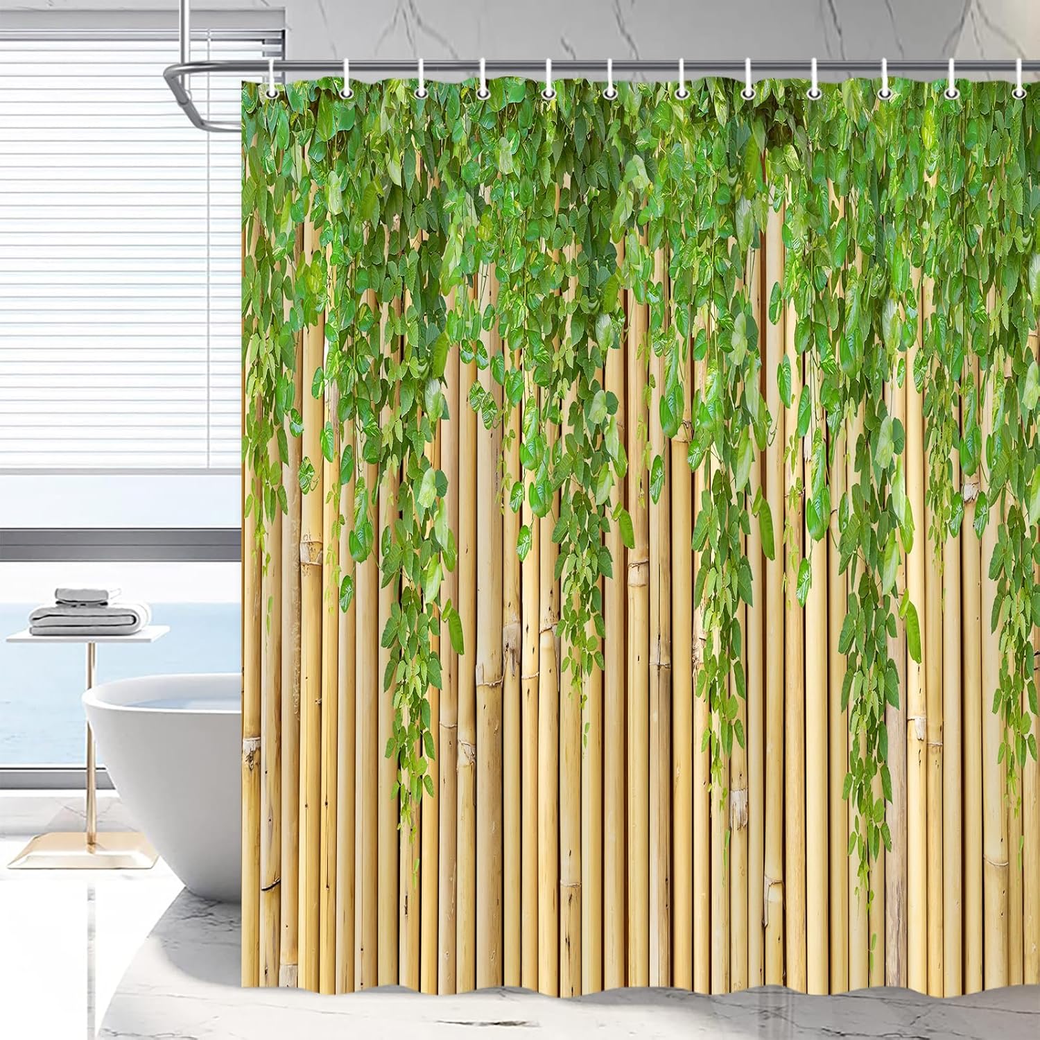 

Bamboo Shower Curtain Green Leaves Vines Summer Simple Chinese Style Zen Meditation Nature Plants Bathroom Decoration Polyester 90x180CM