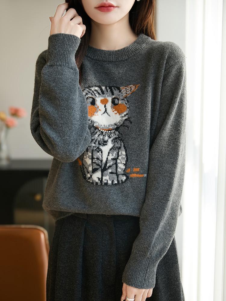 Women's Cute Cat Jacquard Sweater – Autumn/Winter, Round Neck, Loose Fit, Slimming, Age-Defying Knit Top