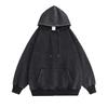 Women's Washed Black Distressed Hooded Sweatshirt - Mid-Length, American Retro, Loose Fit for Autumn and Winter