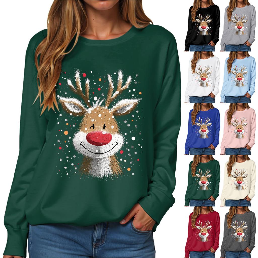 Women's Fashionable Casual Long-Sleeved Loose-Fit Christmas Print Round-Neck Pullover Sweatshirt