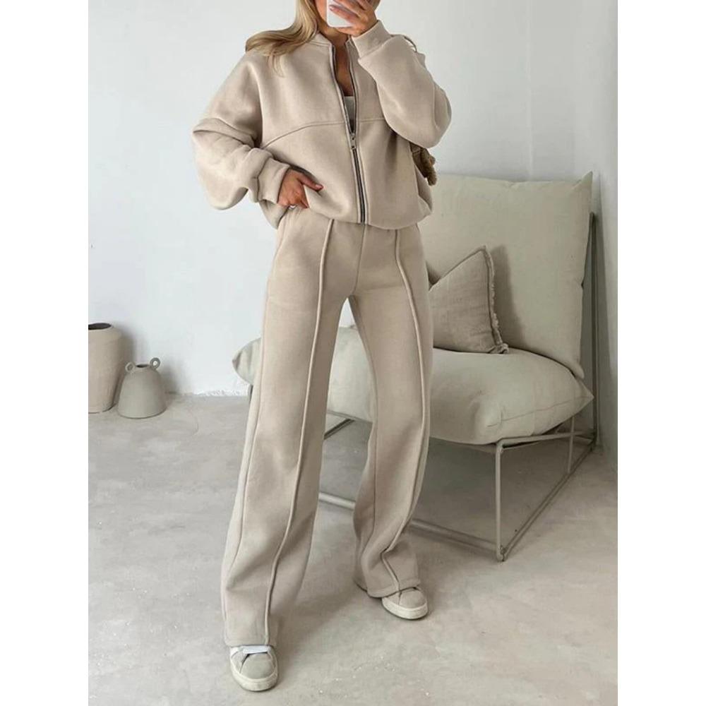 New Women's Fashion Casual Set: Solid Color Long-sleeved Sweatshirt, Zipper Trousers, Two-piece Set
