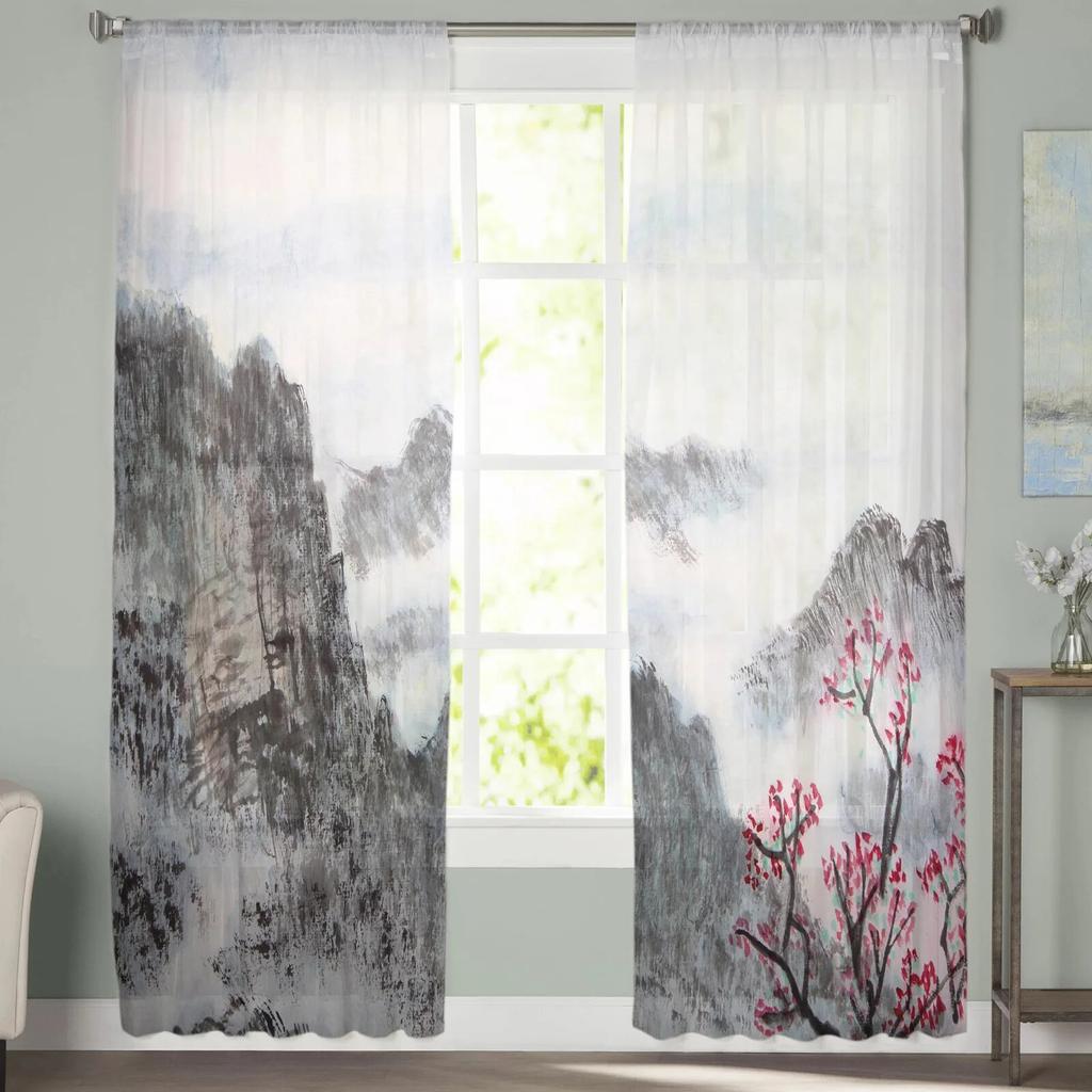 Chinesische Malerei Wald Blumen Berg Tüll Vorhänge für Schlafzimmer Moderne Voile Vorhänge Home Dekoration Fenster Vorhänge