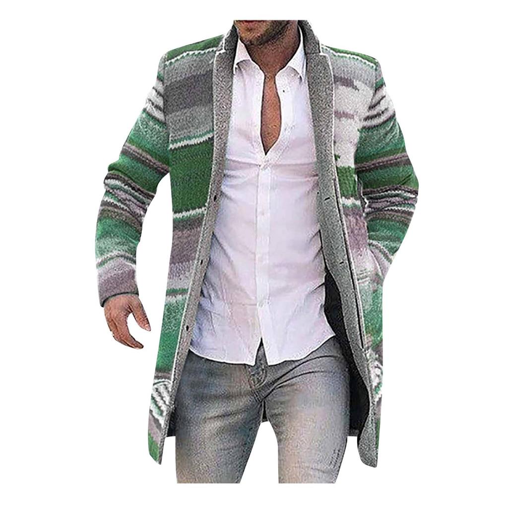 Men's Cardigan Coat Printed Wool Blends Casual Longsleeved Jacket Length Windbreaker Overcoat Trench