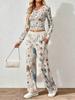 Floral pattern printed women's V-neck long-sleeved trousers set Comfortable casual versatile slim two-piece set