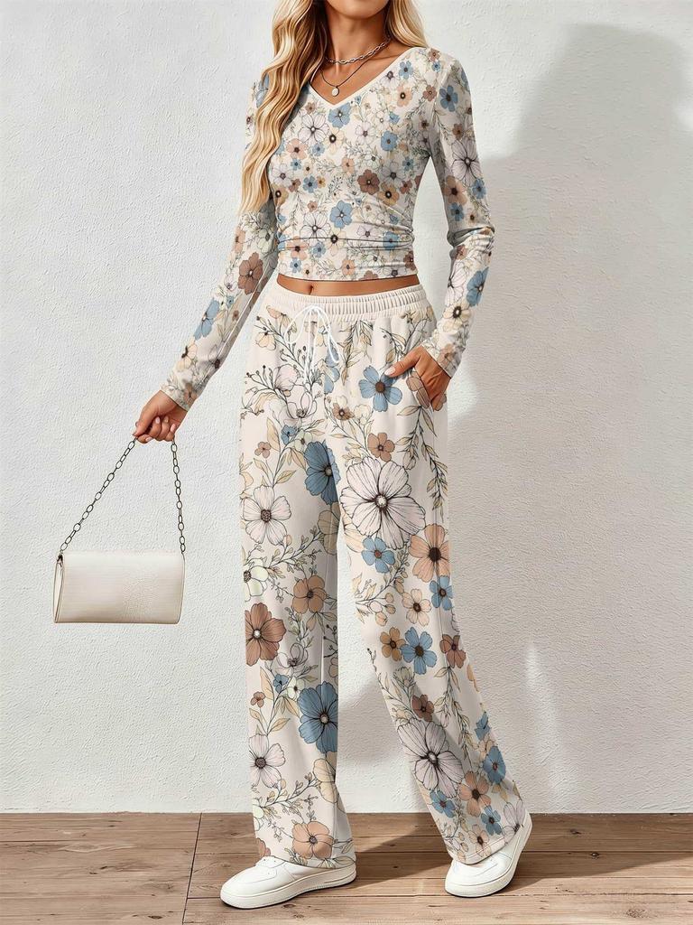Floral pattern printed women's V-neck long-sleeved trousers set Comfortable casual versatile slim two-piece set