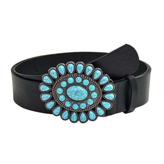 Retro Western Turquoise Belt with Distressed Silver Color Carved Buttons Natural Blue Turquoise Rodeo Style Cowboy Cowgirl Waistband