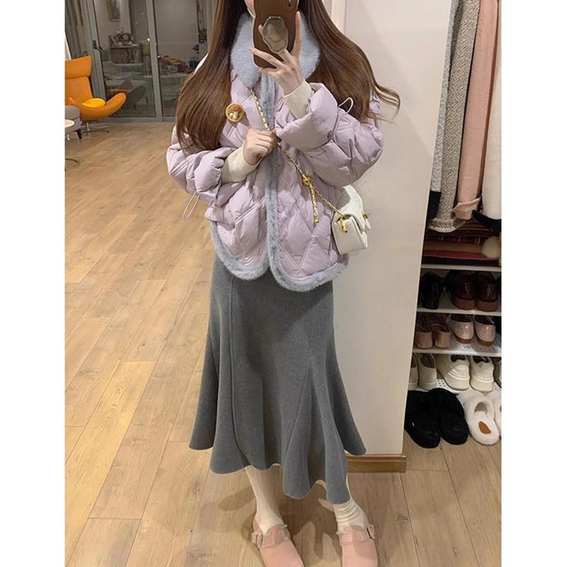 Chic Two-Piece Outfit: 2025 Autumn/Winter Raw Edge Cotton Jacket & High-Waisted Mermaid Skirt