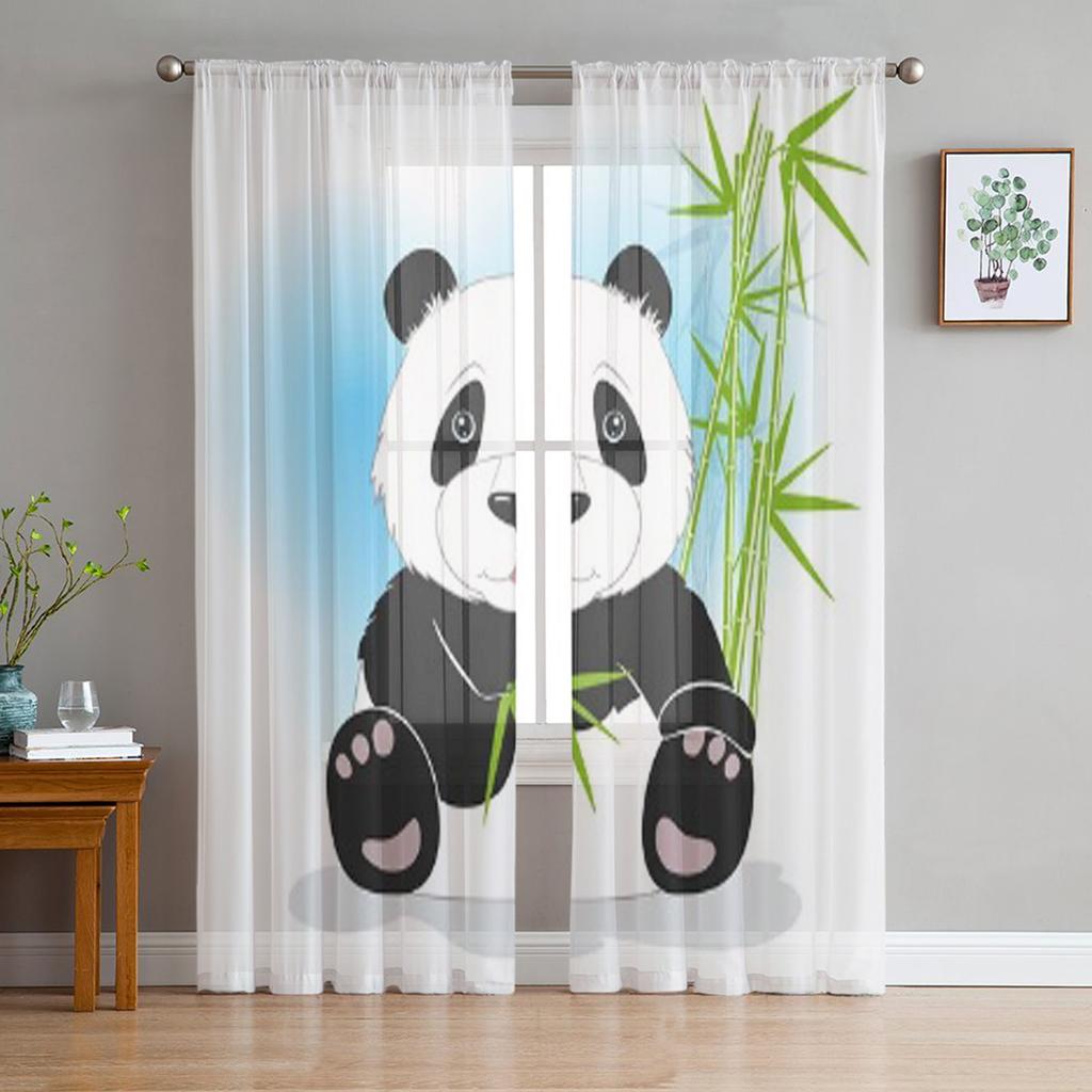 Panda Bambusblätter Weiß Luxuriöser Chiffon Transparente Vorhänge für Wohnzimmer Schlafzimmer Dekoration Fenster Voiles Tüllvorhang