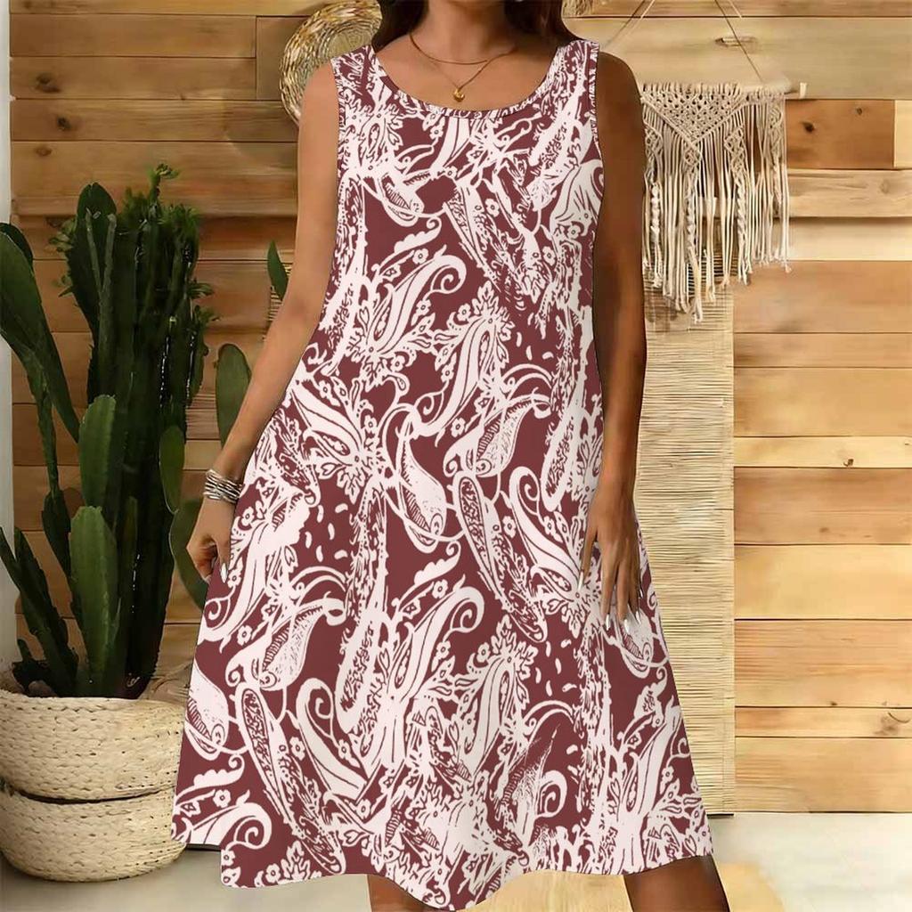 Women Plus Size Round Neck Sleeveless Short Dress Ethnic Paisley Floral Striped Print Lightweight Summer Loose Dress