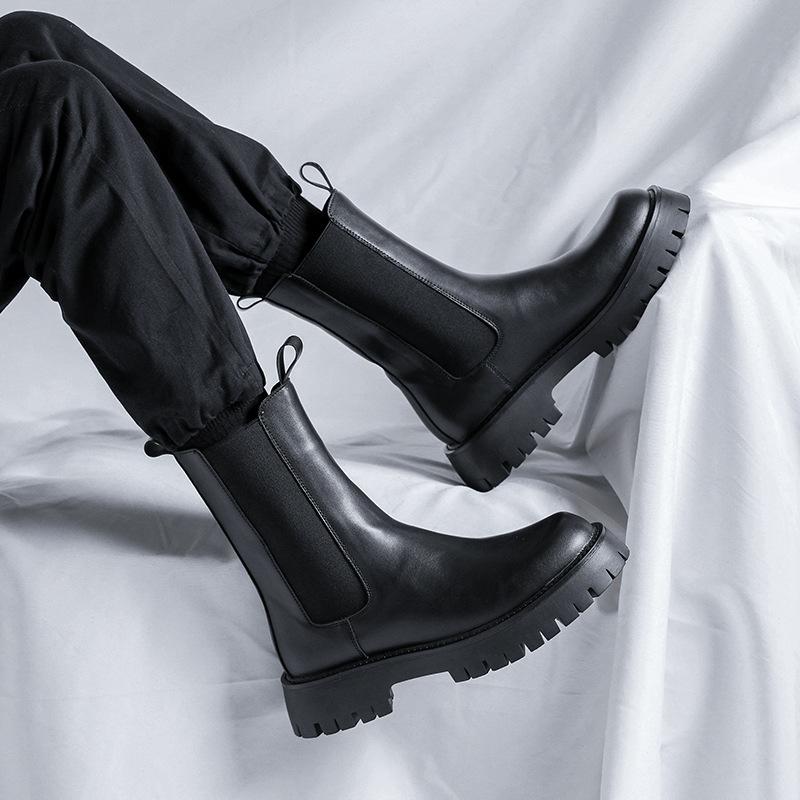 England Stil Herrenstiefel schwarz Tide weiches Leder Plateauschuhe Bühne Nachtclub Kleid hohe Stiefel gutaussehend Chelsea lang botas mans