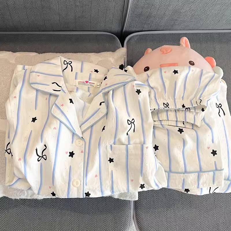 Women's Summer Cloud Cotton Pajama Set: Sweet Cute Cardigan with Short-Sleeved Top and Shorts.