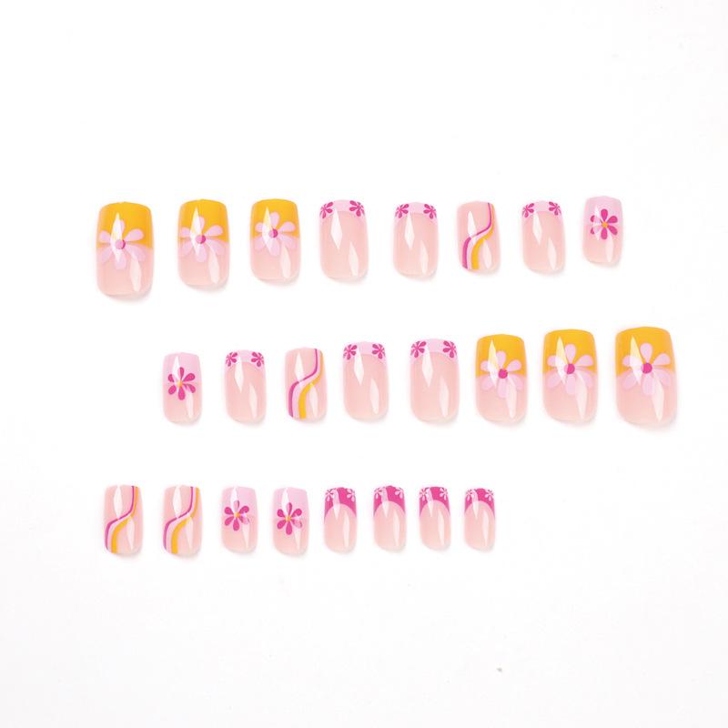 Wearing nail piece Pink yellow edge French flower wave nail patch Nail piece Finished product