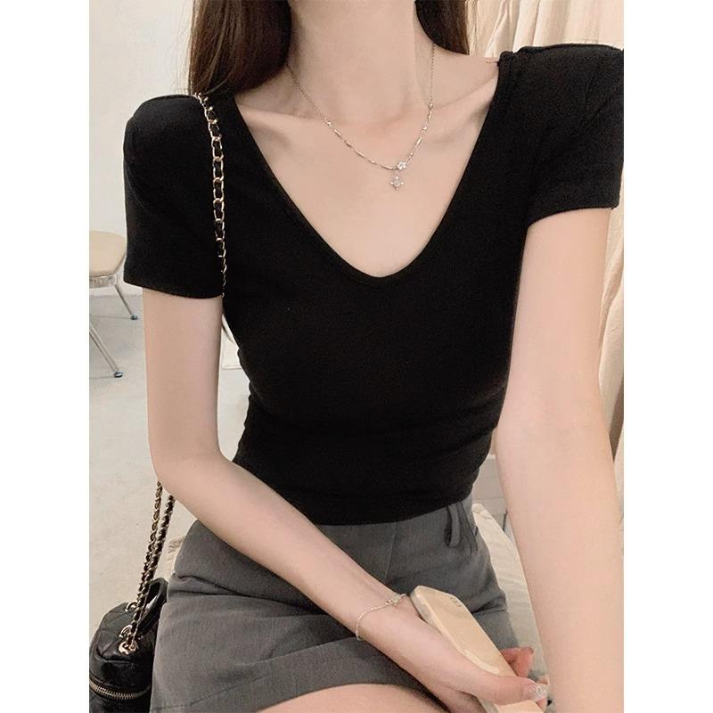 

Чистое желание сексуальная футболка с V-образным вырезом и короткими рукавами для женщин 2024 лето новая горячая девушка похудение мода универсальный короткий топ S