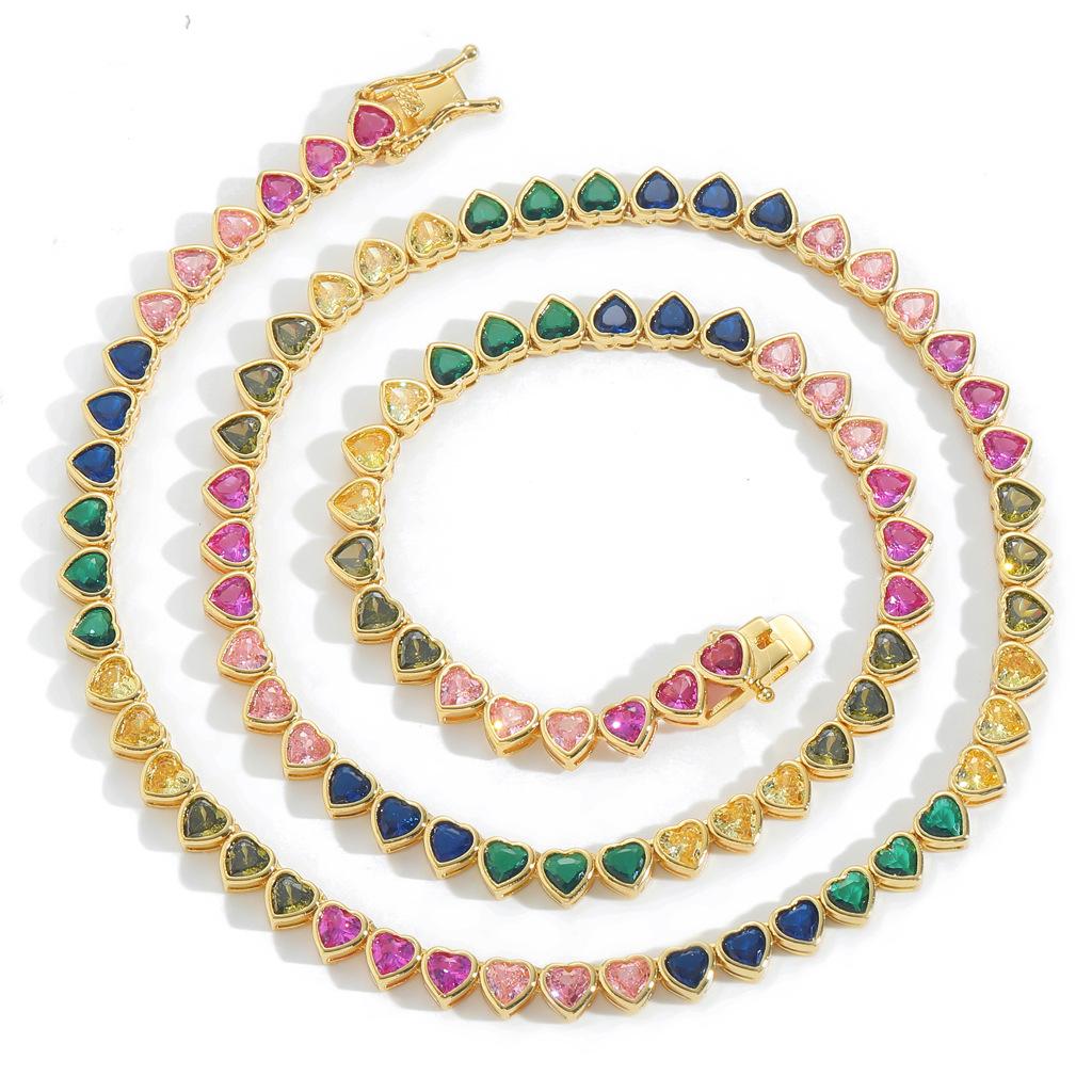 2026 Europe, America, Color Love Tennis Chain, Rainbow Zircon Personality Hipster, Necklace Heart Shape 5MM+45CM золотой