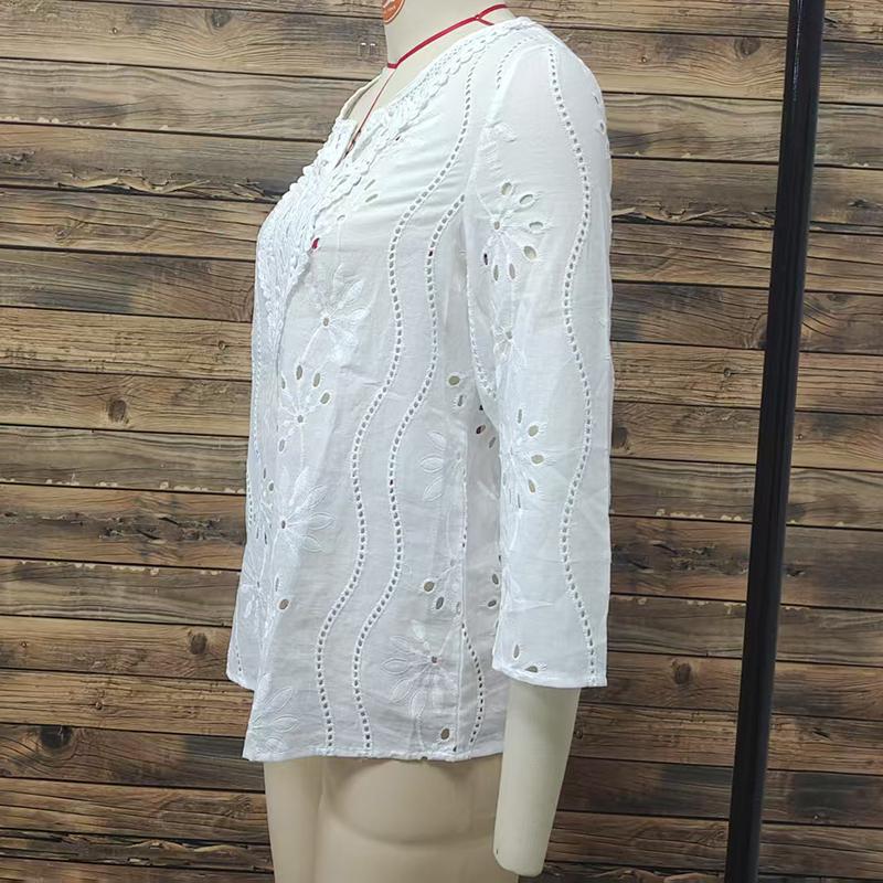 Herbst Neu Lockerer V-Ausschnitt Bluse Elegant Pendeln Bestickte Spitze Langarm Weißes Oberteil Lässig Aushöhlen Damenhemd
