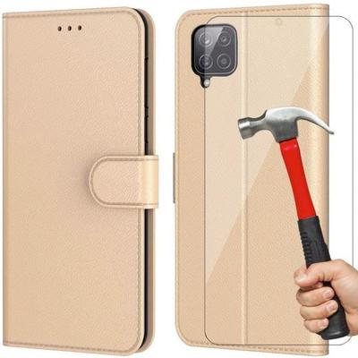 Case and Tempered Glass - Booling - for Samsung A22 4G - Gold - 360° Protection - Leather Effect