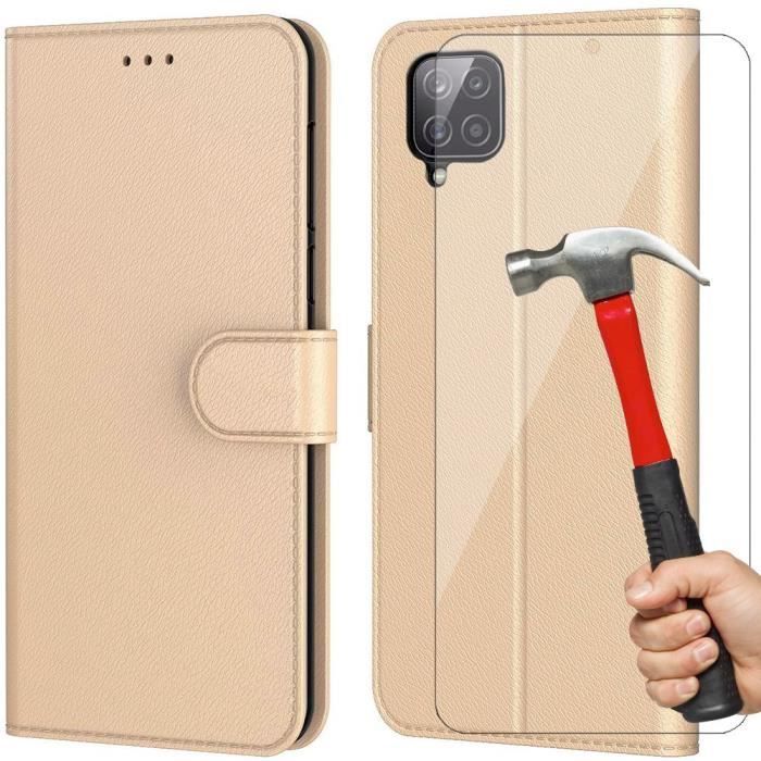 Coque et Verres Trempés - Booling - pour Samsung A22 4G - Doré - Protection 360° - Effet Cuir