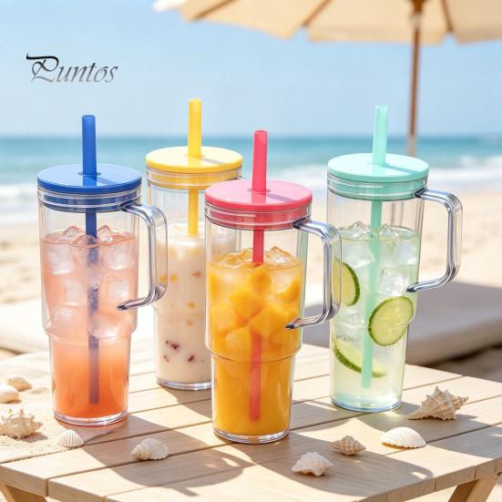 Clear Plastic Water Bottle with Straw And Lid, 40oz Large Capacity Tumbler BPA-free Drinking Cup Handle, Leak Proof Sports for School Travel Reusable