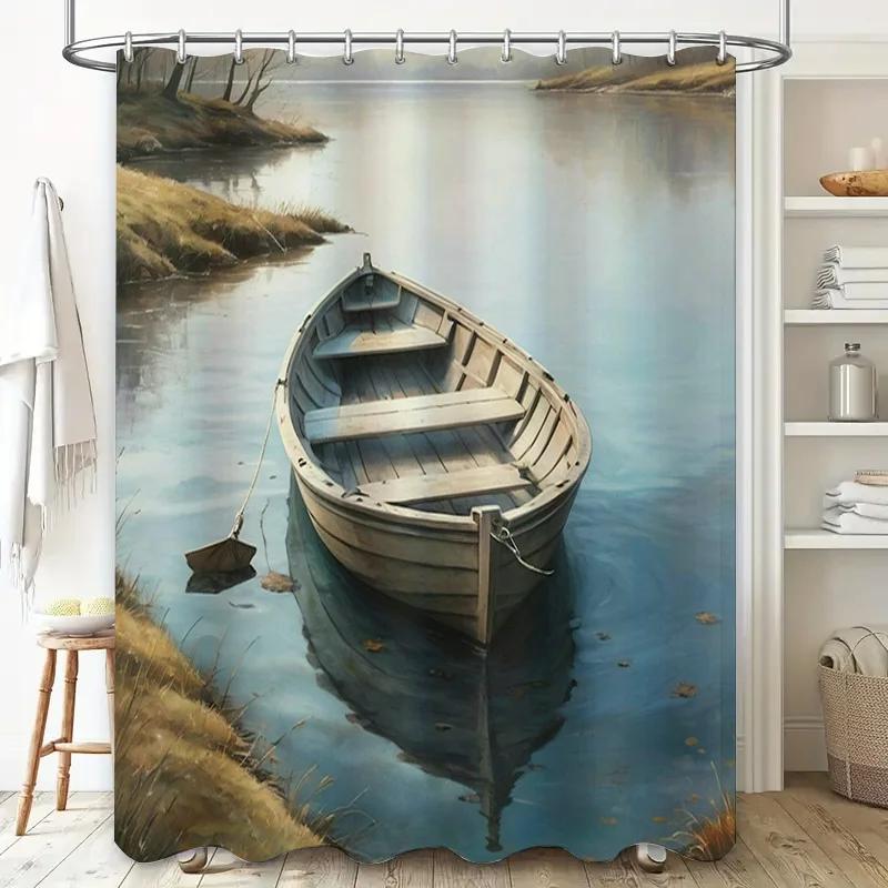 Outdoor Boat Printed Shower Curtain Waterproof Decoration Home Bathroom Decor Rustic, Blue, Tan Color Scheme (78 x 72 inches) [S