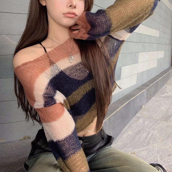 Hollow Out Backless Striped Knitted Pure Desire Spicy Girl One Shoulder Cover Shirt Top Women's Base Shirt Design Sense