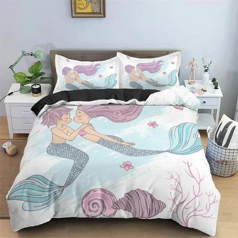 Modern Cartoon Mermaid Toddler Bedding Set Duvet Cover Sheet Printed Bed Set Pillowcase Full Queen King Size Comforter Bedroom