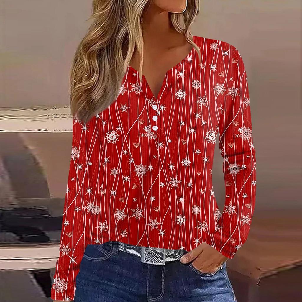 Dam T-shirt Tee Tryck Knapp Långärmad Stickad Tröja Vardag Weekend Mode Basic V-ringad Normal Topp