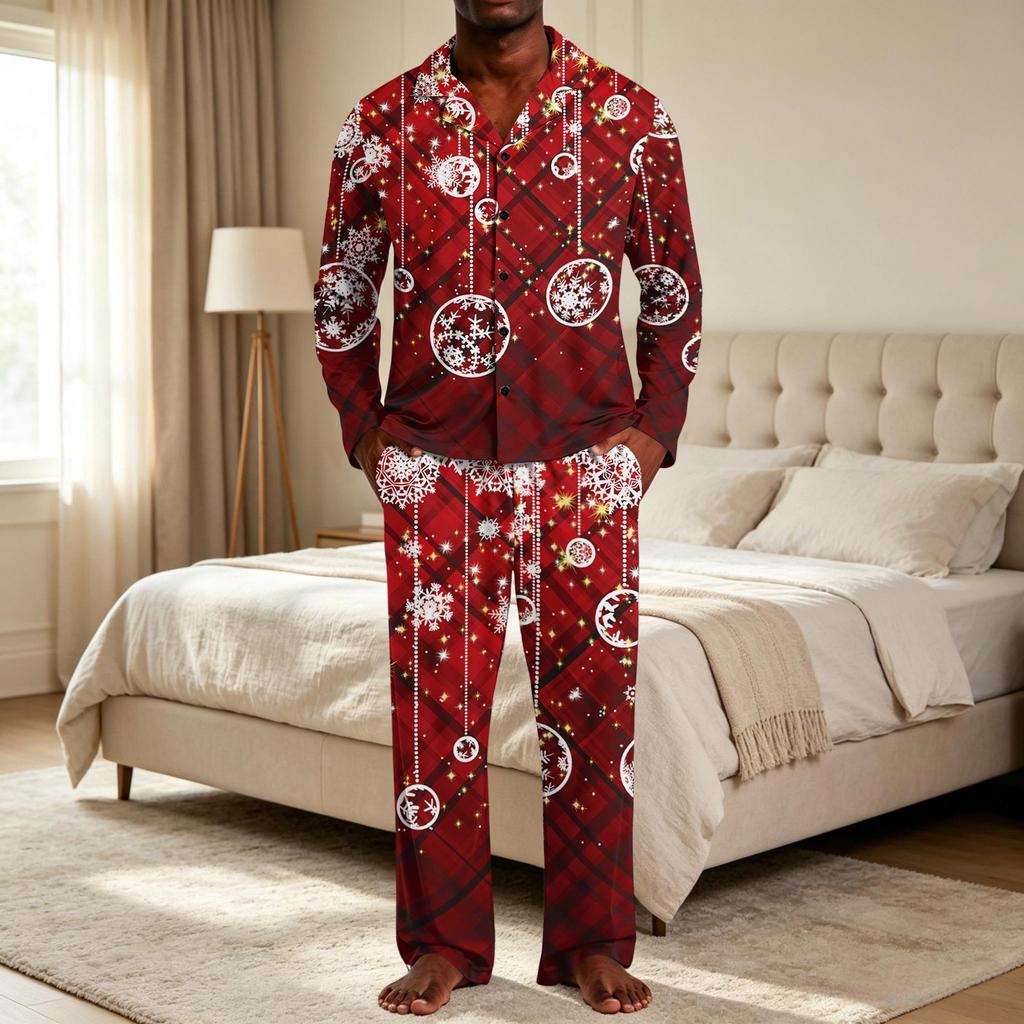 Kerstpyjamaset voor heren met knopenhemd en rechte broek, Casual print nachtkleding tweestukken outfit, Feestelijke loungewear voor de feestdagen