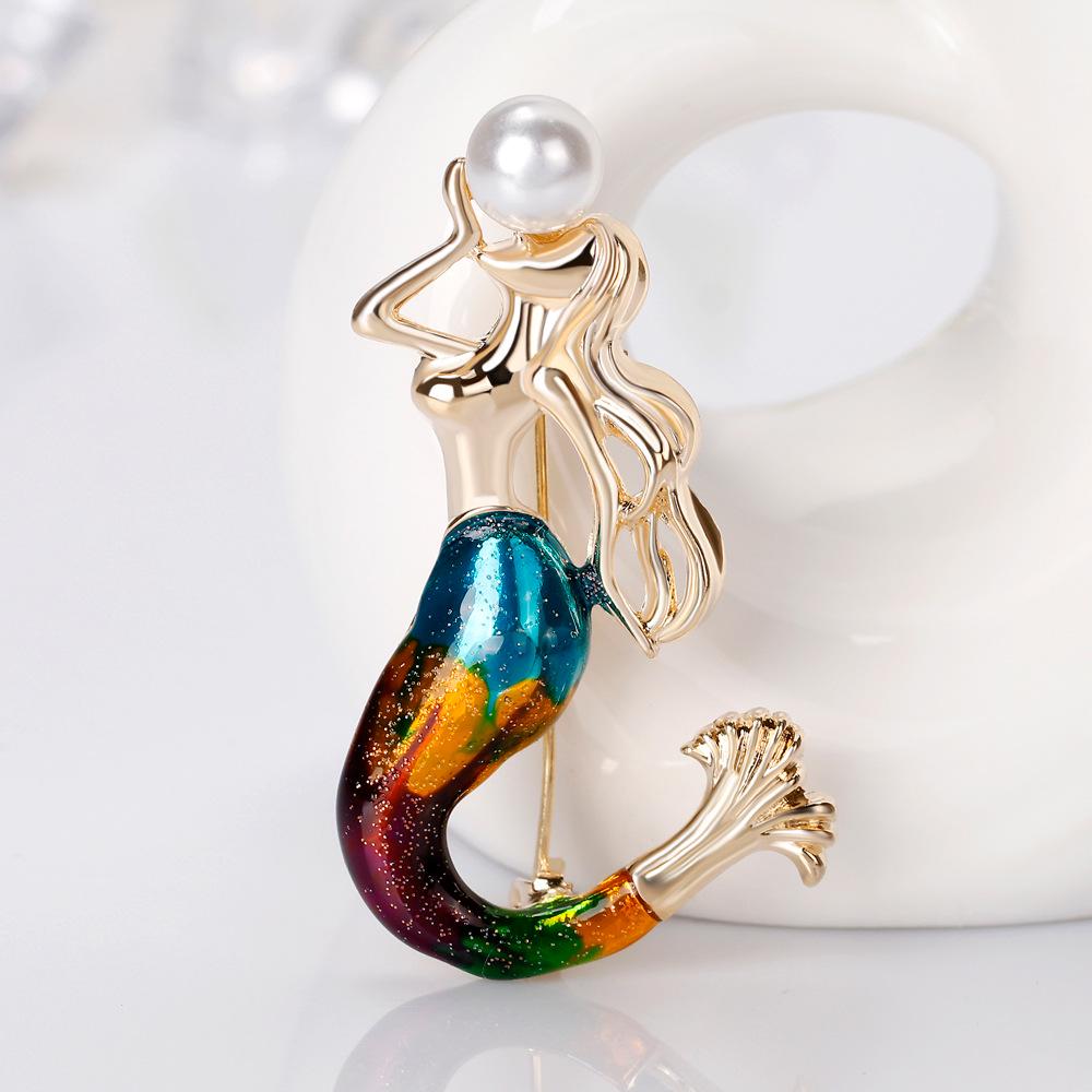 SKEDS New Arrival Painting Enamel Mermaid Brooches Pins For Women Elegant Pearl Exquisite Jewelry Pin Suit Dress Corsage Badges