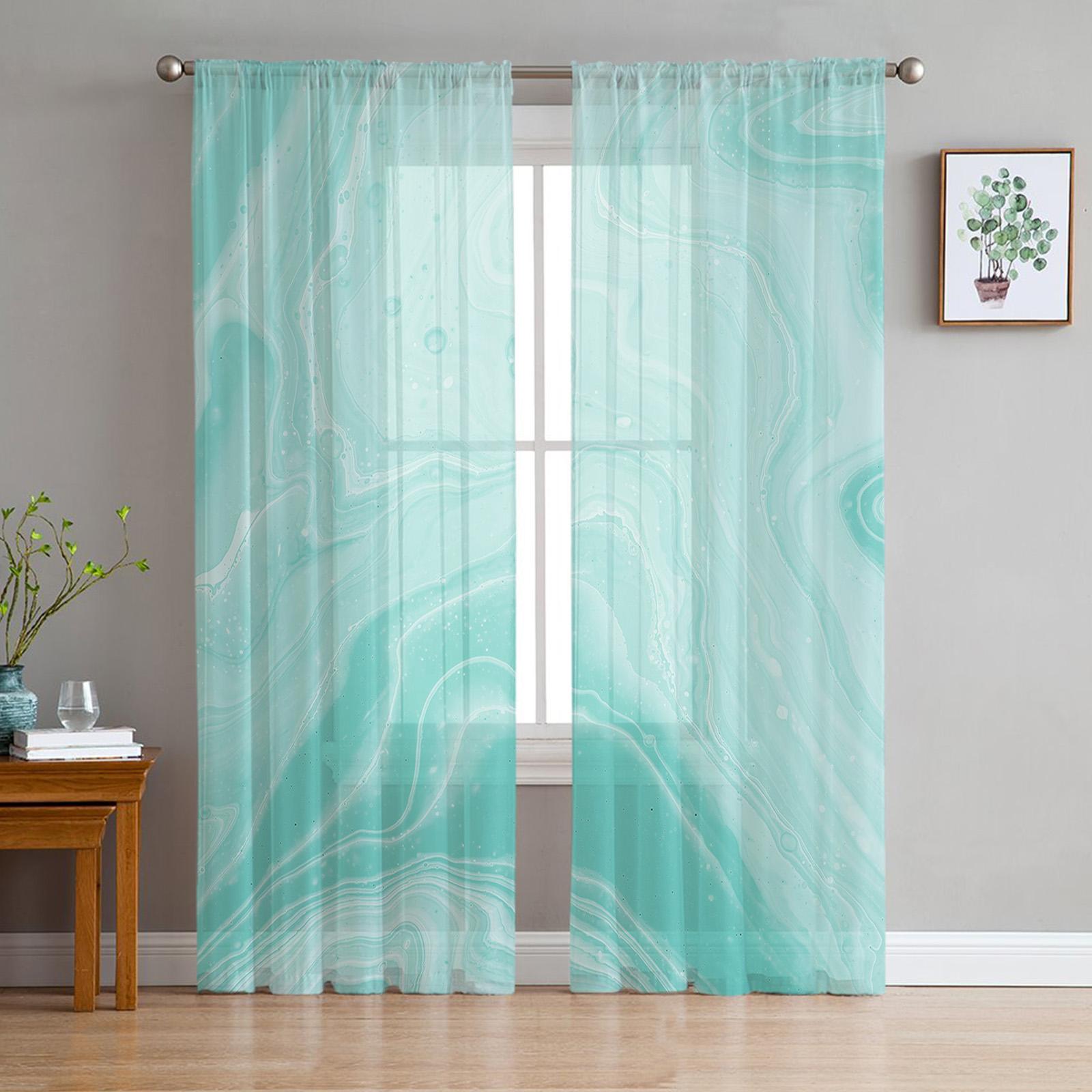 

Marble Texture Turquoise Sheer Curtains for Living Room Decoration Window Curtains for Kitchen Tulle Voile Organza Curtains W135 x H160cm x1&Grommet Top