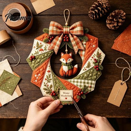 DIY Patchwork Craft Supplies Wreath Kit, Christmas Sewing Seasonal Patterns, Farmhouse Style Crafts Fabric Kit for Adults, Front Door Wall Decor
