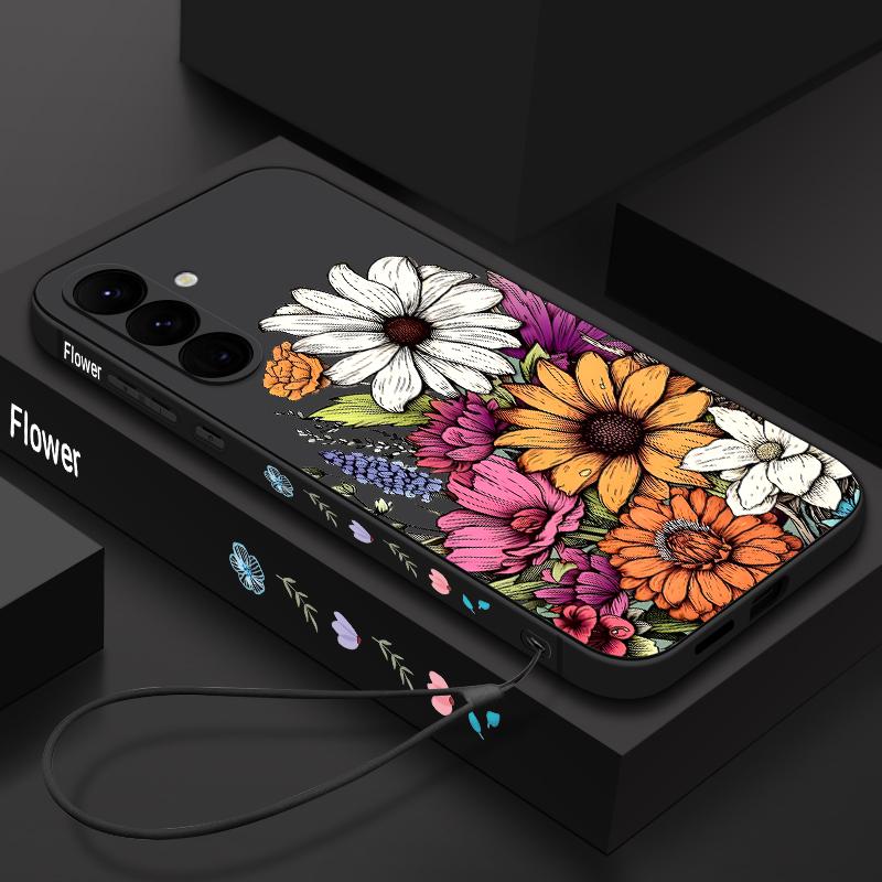 Colorful Flower Print Lanyard Phone Case For Samsung Galaxy A57 A17 A56 A16 A55 A15 A36 S25 FE S26 S24 S23 S22 Ultra Soft Cover