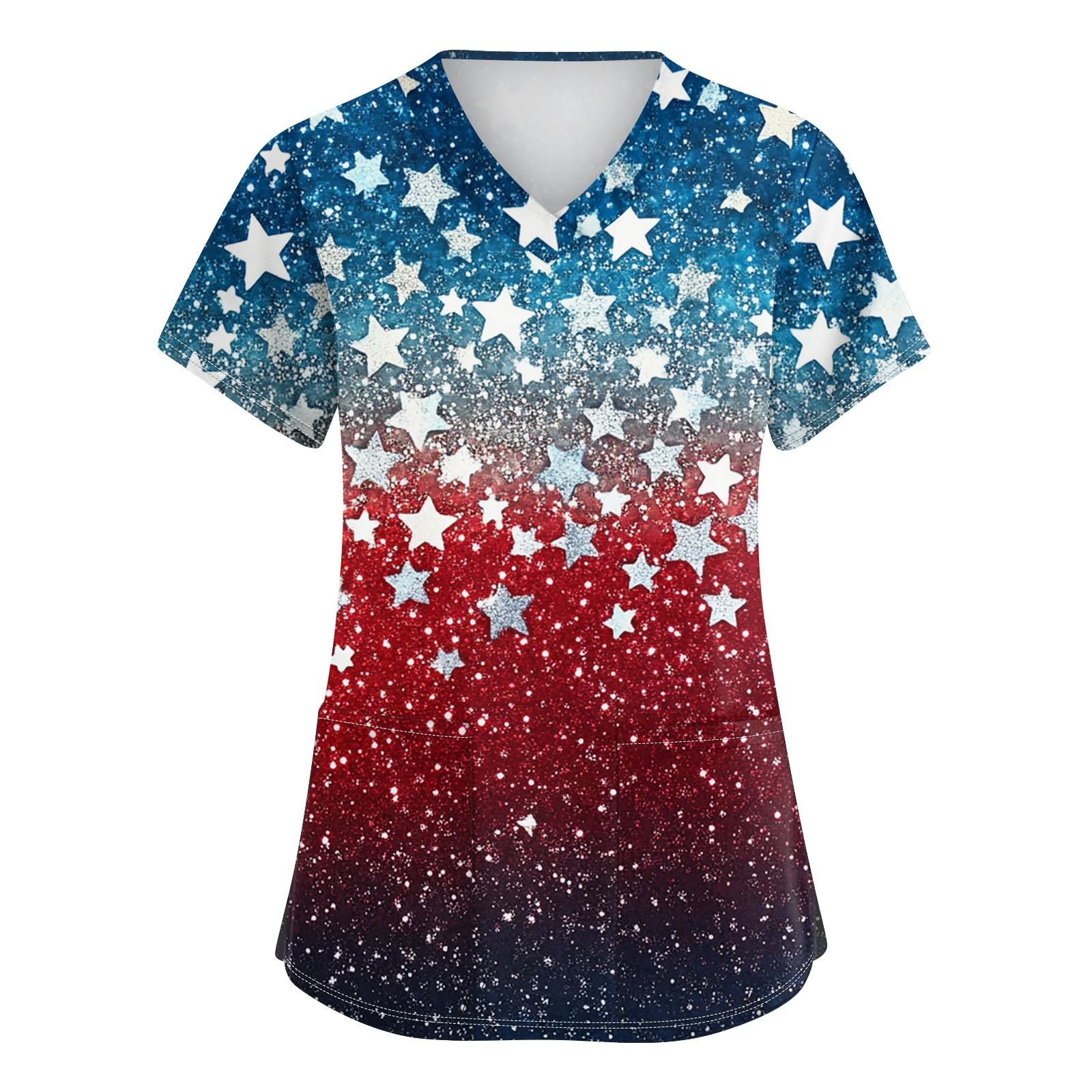 

Женская мода V-образный вырез короткий рукав рабочая одежда с карманами День независимости принтованные топы XL белый