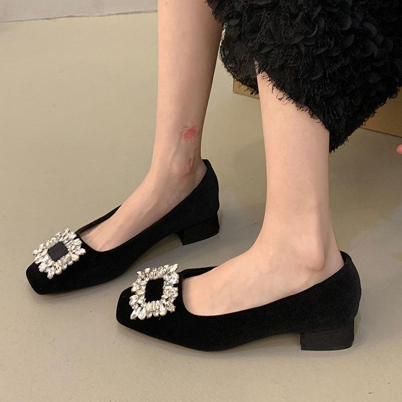 Coarse heel French rhinestone temperament single shoes women's shoes 2025 new spring and summer popular black square head commuter high heels