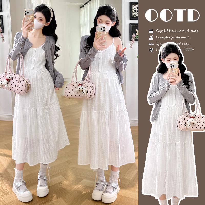 2026 V-neck Lace Jacquard Maternity Camisole Dress & Knit Cardigan Set - French Spring/Summer Design XXL