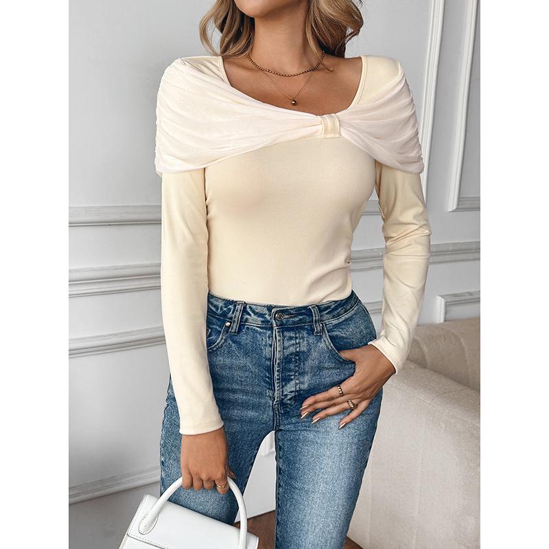 Autumn Winter Gentle U-neck Off Shoulder Knitted Sweater Women French Style Front Tie Patchwork Long Sleeve Slim Fit Pullover