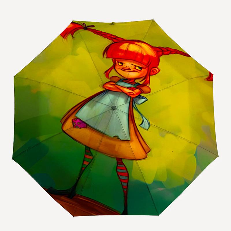 

1PC Pippi Longstocking Automatic Folding Umbrella - Compact 8-Rib Design, Durable Plastic & Iron, F010619