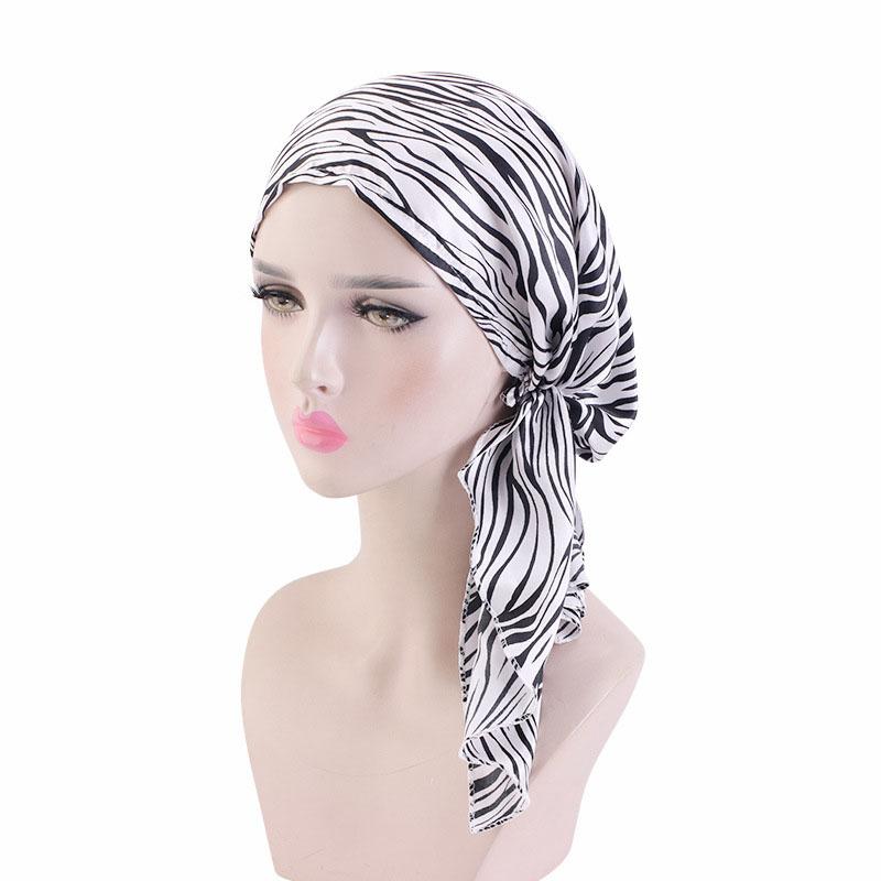 Muslim Women Pre-Tied Hat Inner Hijab Cancer Chemo Cap Flower Print Turban Headwear Bandana Long Tail Headscarf Beanies Bonnet
