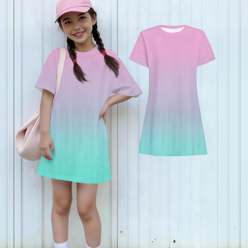 Girls Casual Sundress Kids Loose Round Neck Short Sleeve Lightweight Dress