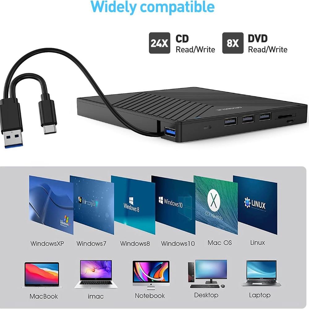 External CD DVD Player USB 3.0 with 4 USB Ports and 2 TF/SD Card Reader, External CD/DVD Drive for Laptop Windows 11/10/8/7/XP/Vista Linux Mac