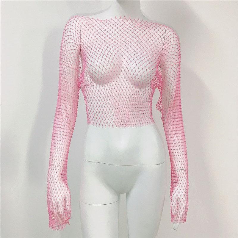 Trendy Mesh Fishnet T-Shirt For Europe And America - Long-Sleeved Rhinestone Top. Sexy Hot Girl Style With Heat-Pressed Rhinestones-Mesh Top For Women