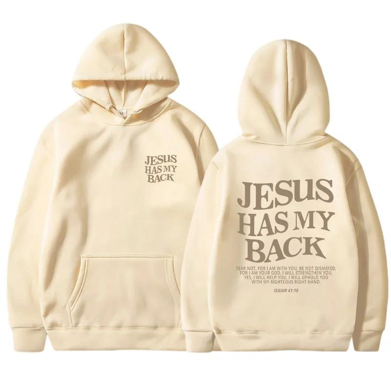 JESUS HAS MY BACK Velvet Hoodie Plain English Letter Slogan Print Kangaroo Pocket Drawstring Print Hoodie