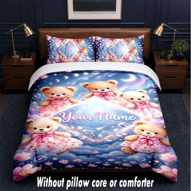 Teddy Bear Theme Custom Text Or Name 3Pcs Bedding Set,1 Flat Sheet & 2 Pillowcases Personalized Home Bedding