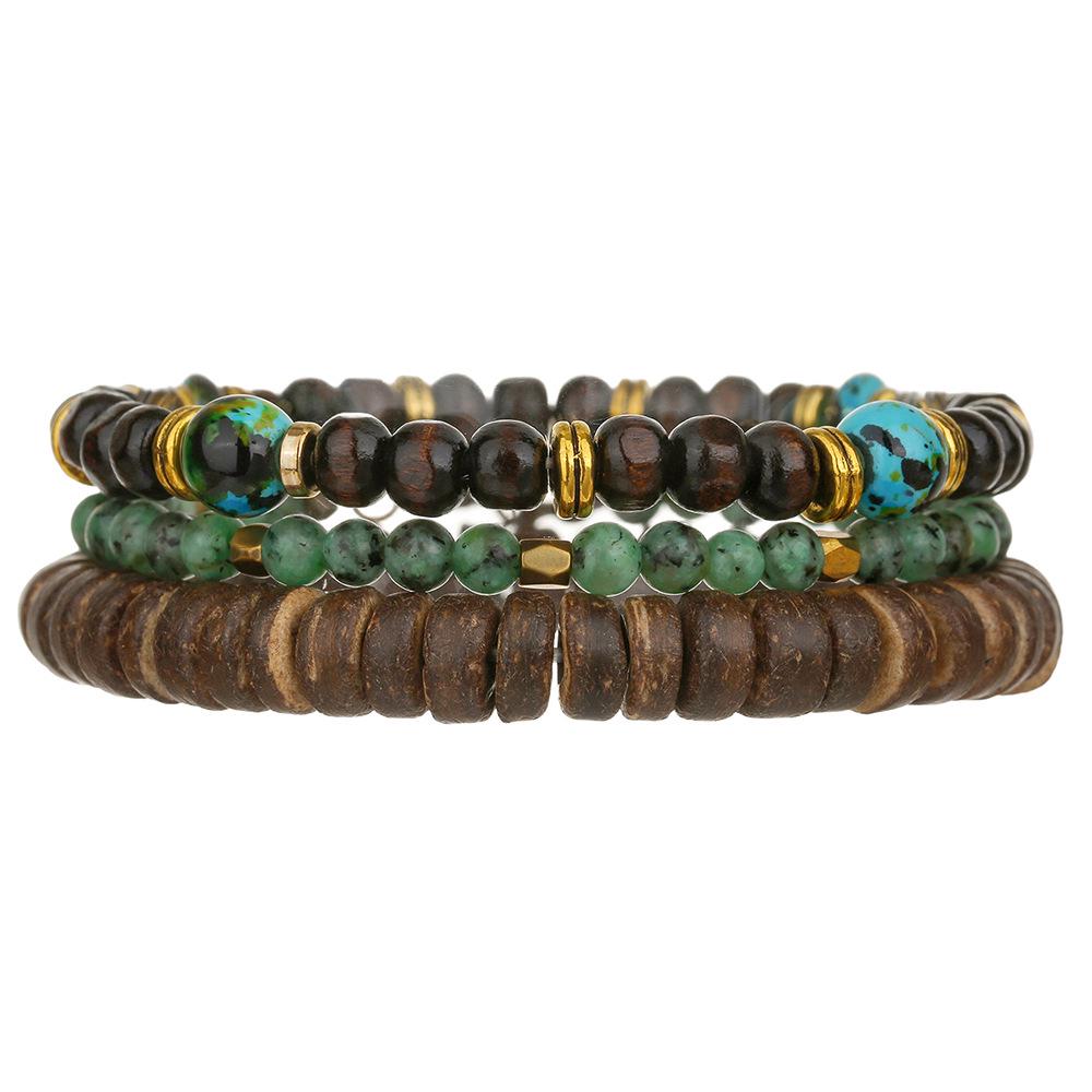 Elastic Volcano Stone & Wood Bracelet Set - Retro Coconut Shell Stackable Jewelry for Men & Women