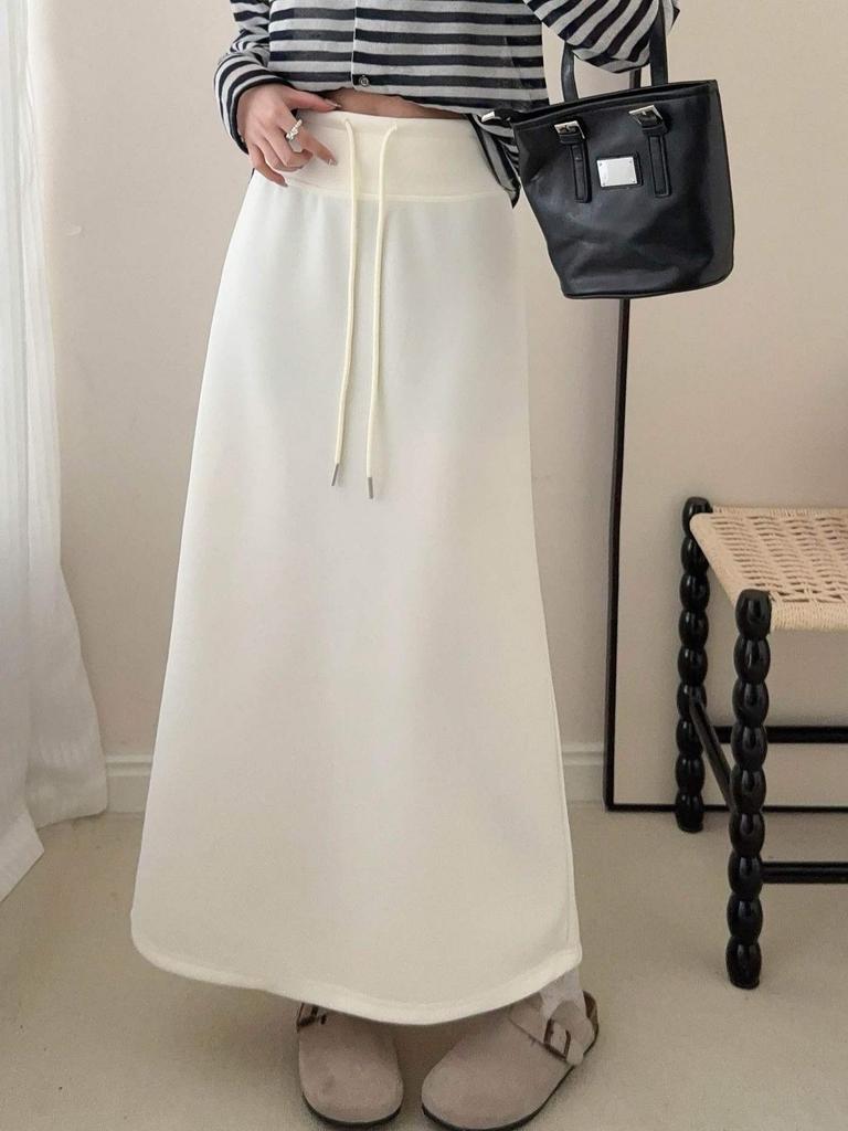 Korean High-Waisted Drawstring Midi Skirt for Women, Early Spring Casual Slimming Fit