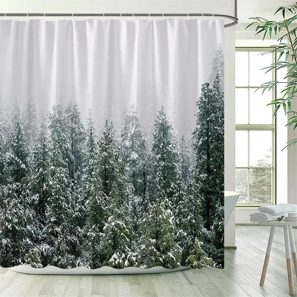 Winter Snowy Forest Shower Curtains Pine Tree Deer Snowflake Xmas Christmas Holiday Rustic Farmhouse Bathroom Decor With Hooks