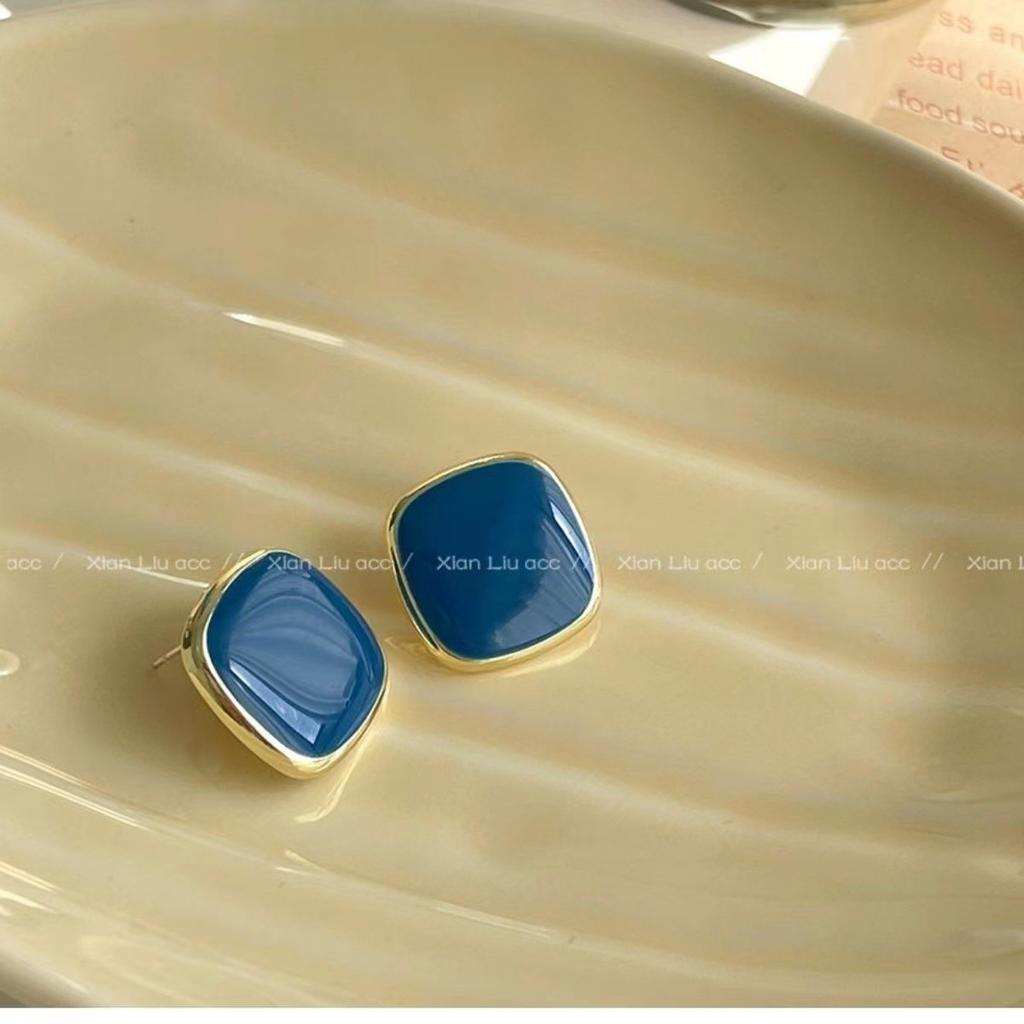 Retro Simple Colored Drip Glaze Gold Color Edging Geometric Square Stud Earrings for Women Korean Temperament Piercing Jewelry